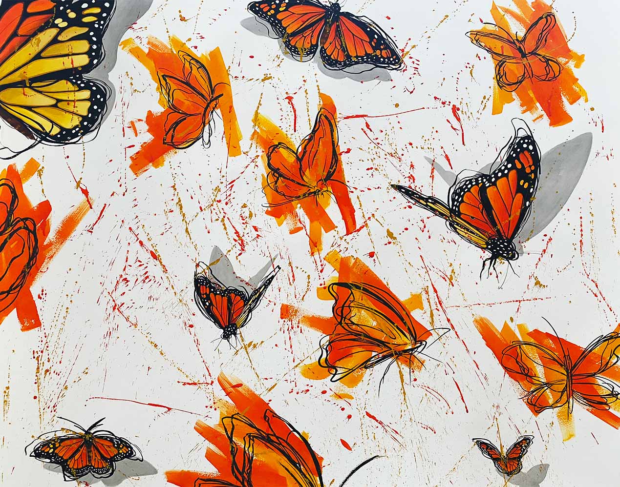 Many monarch butterflies, drawn with abstract techniques.