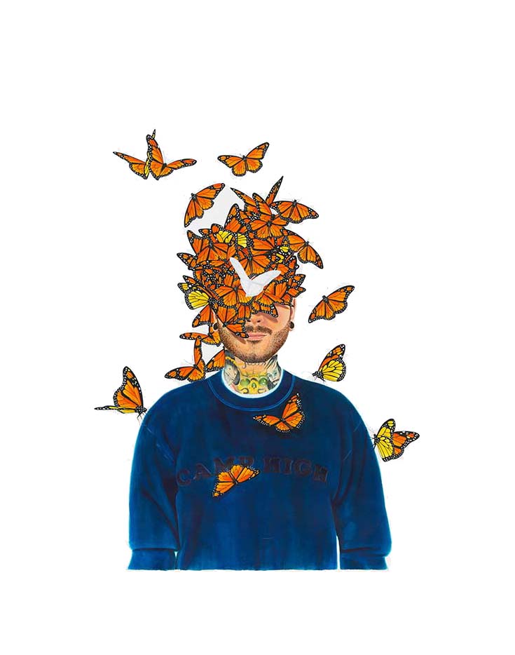 Self-portrait with monarch butterflies covering the face.