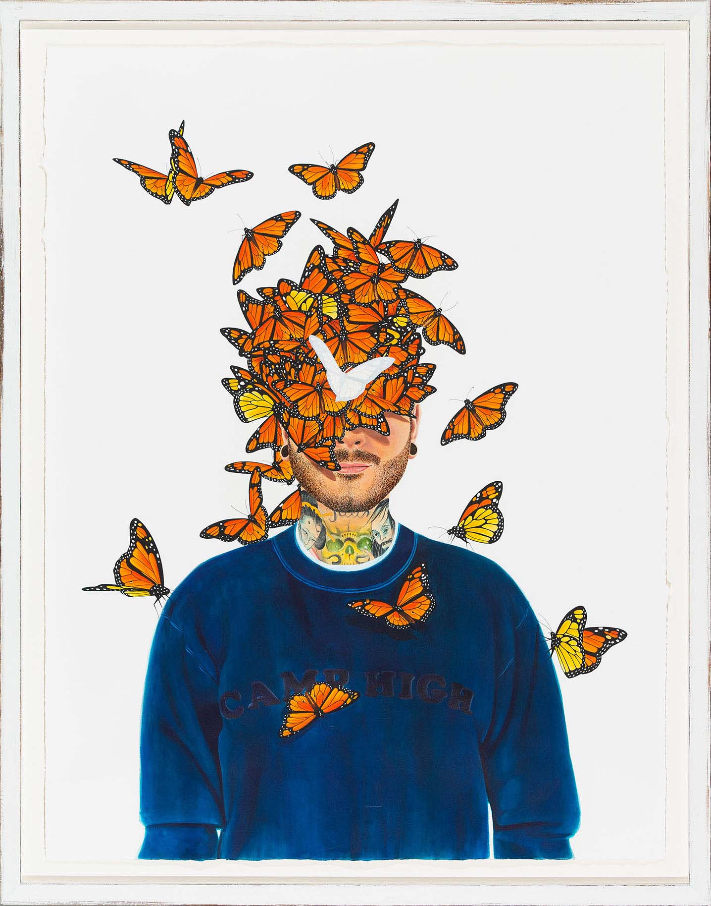 Self-portrait with monarch butterflies covering the face.