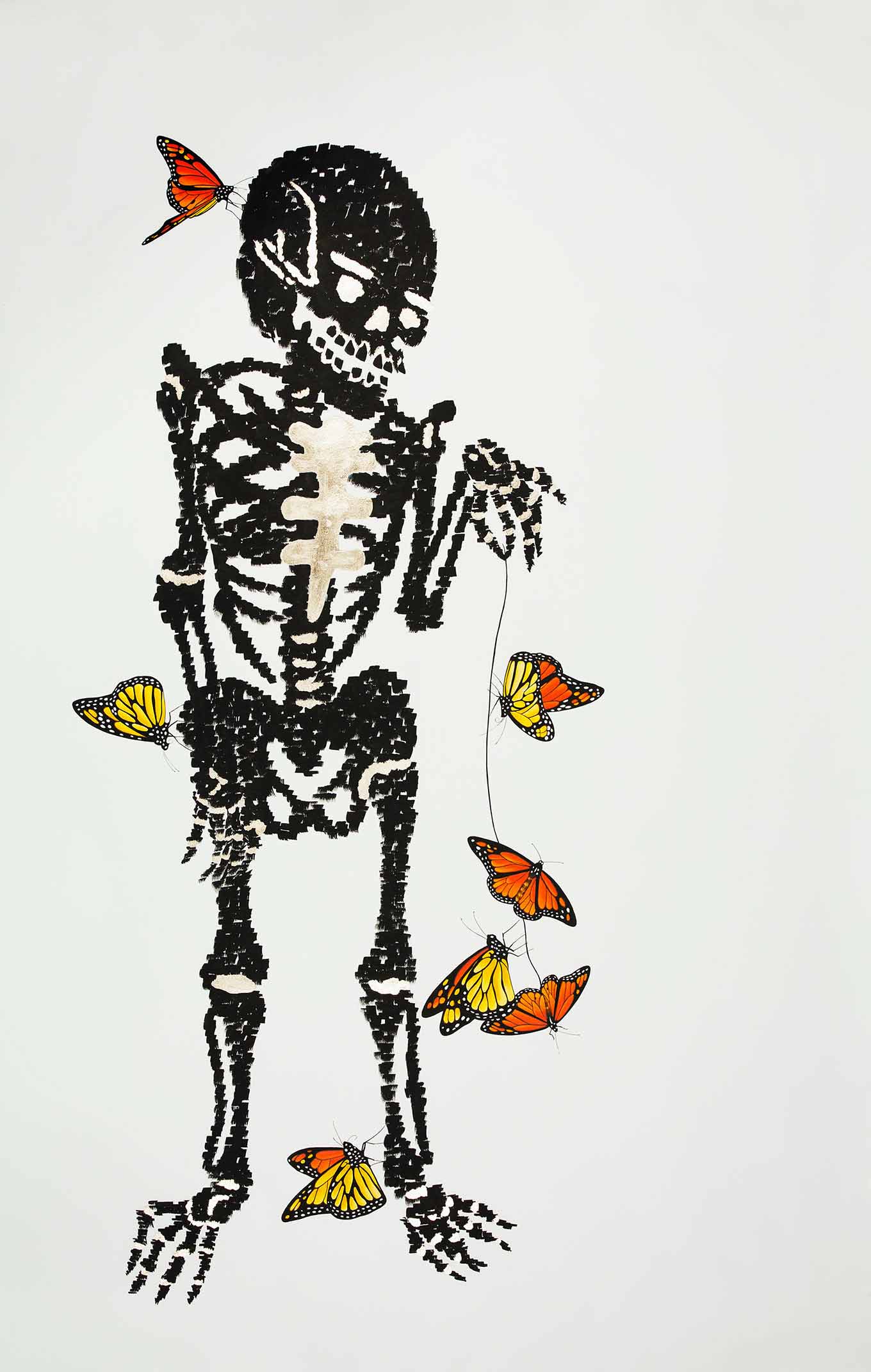 Skeleton playing with monarch butterflies on a string.